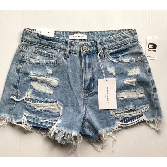 Flying monkey Womens Destruct Denim High Rise Frayed Hem Shorts Size 25, 27 - Picture 2 of 12